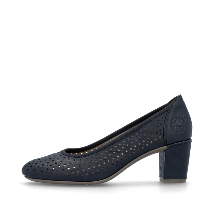 Blaue Rieker Pumps 41057-14 mit Gummizug sowie einer extra weichen Decksohle. Schuh Außenseite.