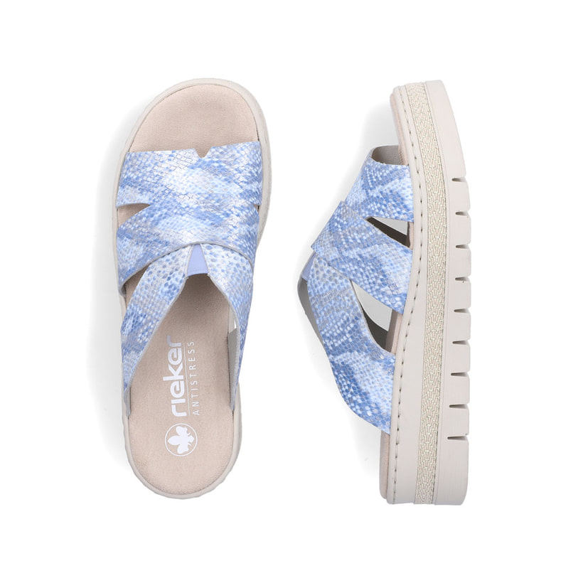 Blaue Rieker Damen Pantoletten V4989-10 mit angesagtem Animal-Print. Schuh von oben, liegend.
