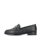 Schwarze Rieker Damen Loafer 46262-01 mit Gummizug sowie extra weicher Decksohle. Schuh Außenseite.