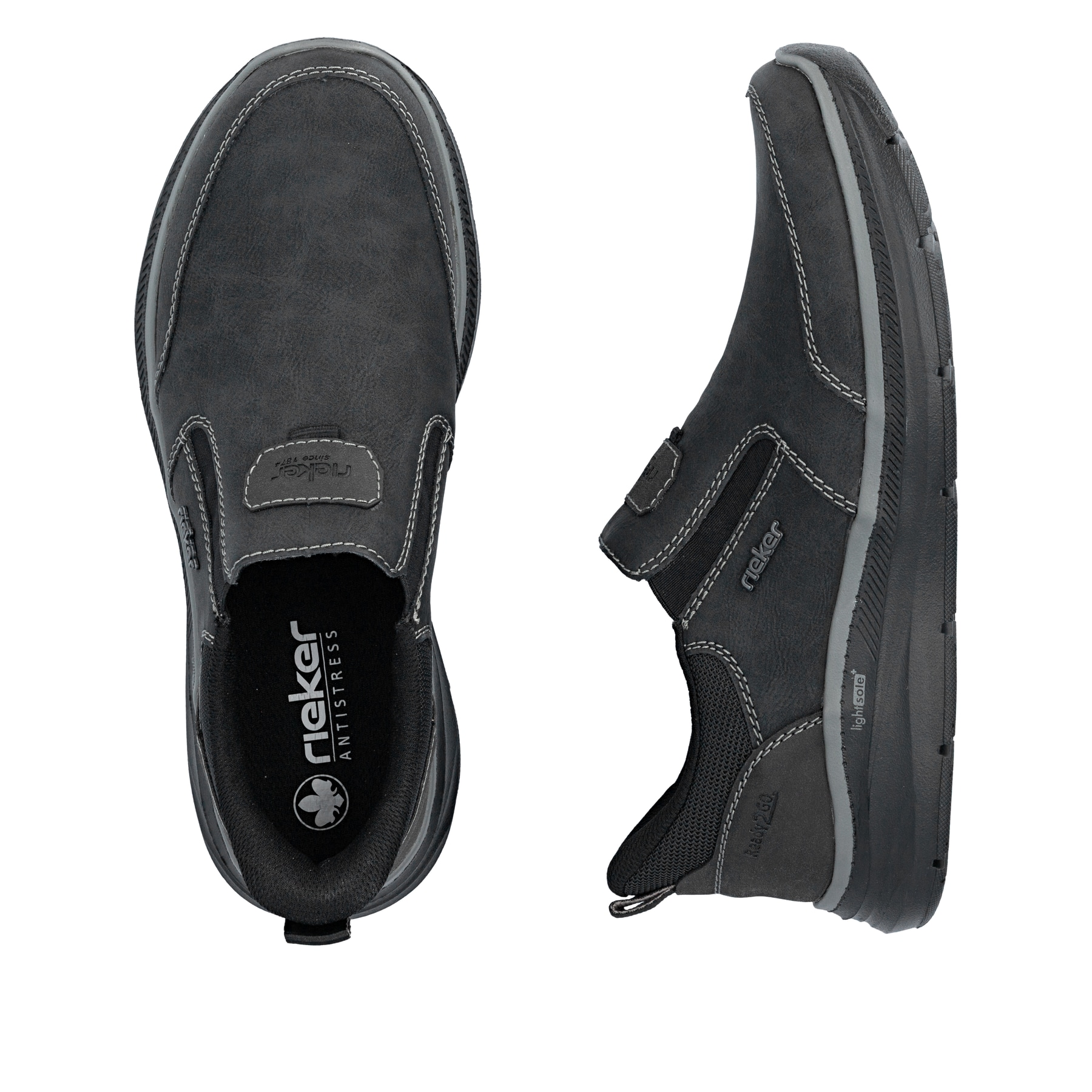 Schwarze Rieker Herren Slipper B1851-00 mit Ready2GO Schnell-Anziehfunktion. Schuh von oben, liegend.