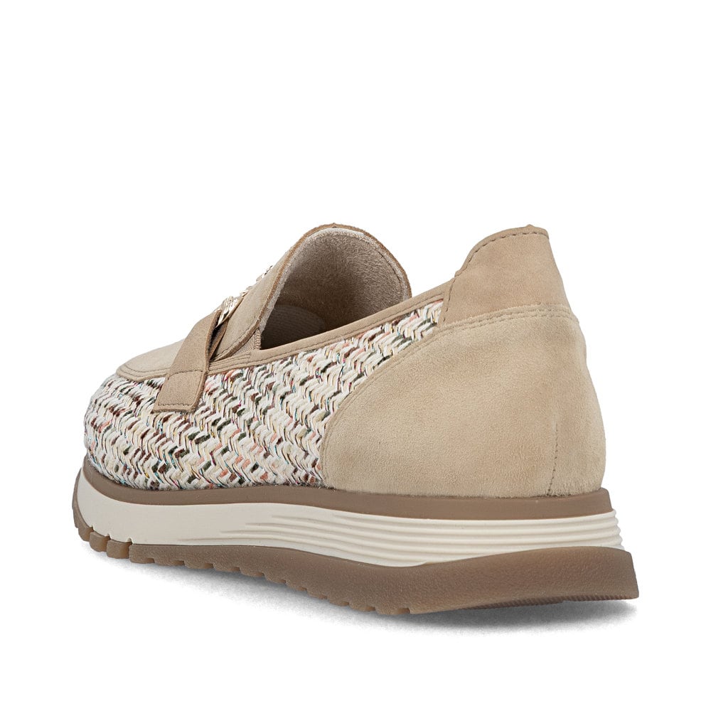 Mocassins Rieker beiges pour femme 49042-62 en cuir velours. Chaussure vue de l'arrière.