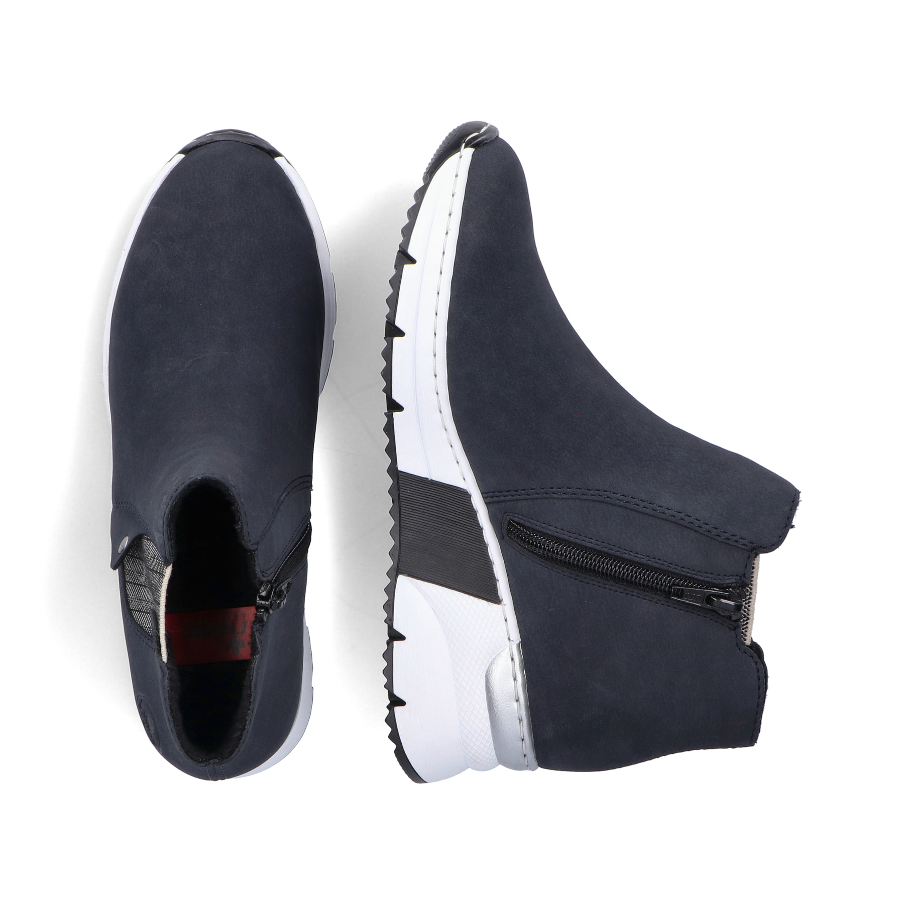 Dunkelblaue Rieker Damen Chelsea Boots X6361-14 mit einem Reißverschluss. Schuh von oben, liegend.