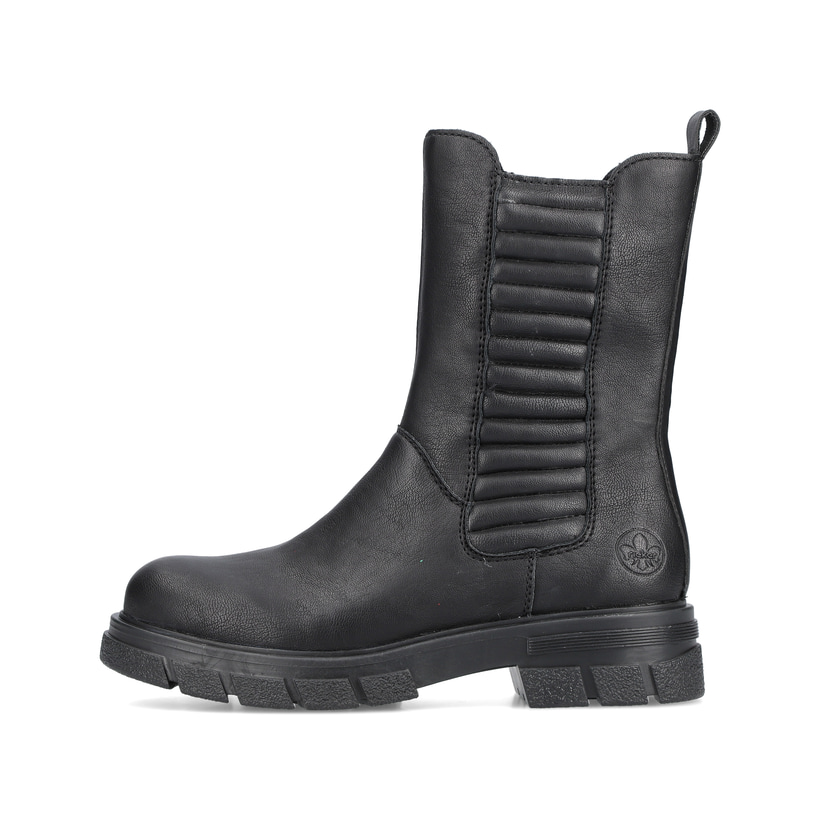 
Tiefschwarze Rieker Damen Chelsea Boots Z9181-00 mit einer robusten Profilsohle. Schuh Außenseite