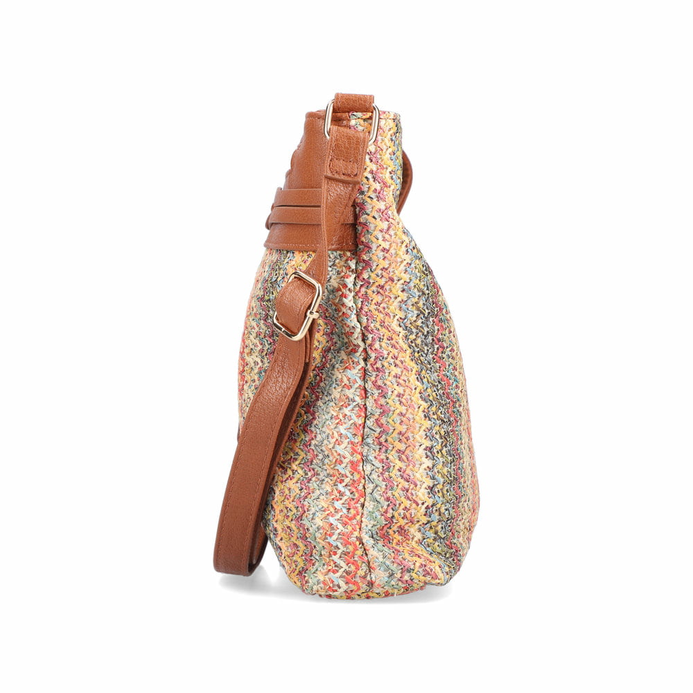 Sac à bandoulière Rieker H1519-90 multi avec un aspect tissé coloré et deux compartiments principaux. Côté gauche.