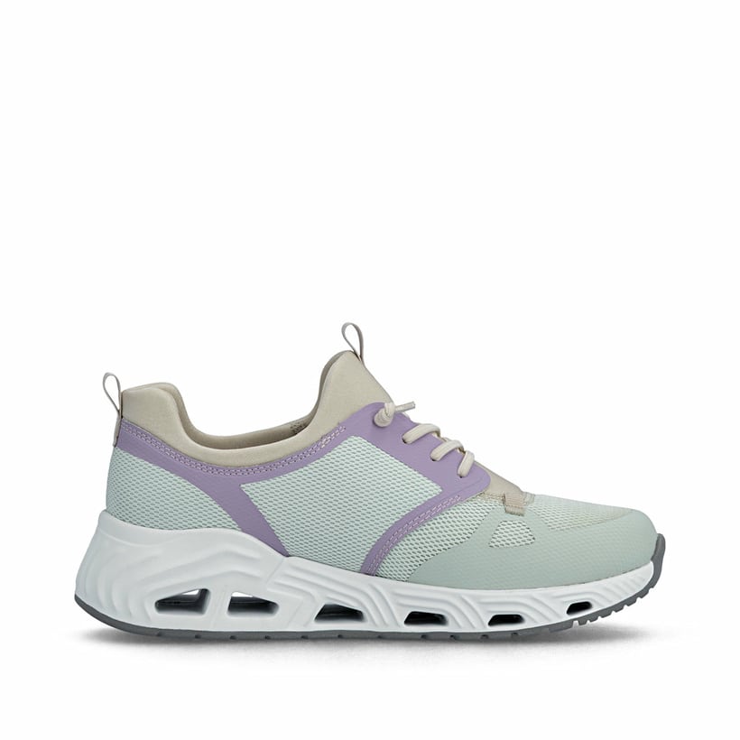 Grüne vegane Rieker Damen Slipper N5258-52 mit Gummizug sowie Komfortweite G. Schuh Innenseite.