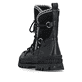Schwarze Rieker Damen Kurzstiefel W2175-00 aus Rauleder mit weißer Zickzack-Naht. Schuh von hinten.