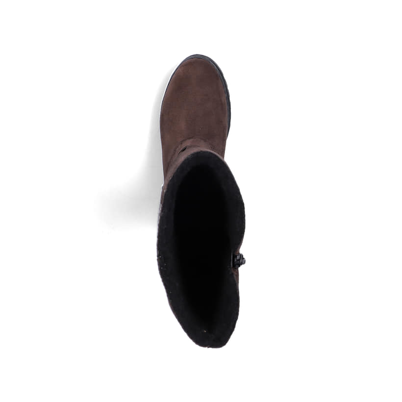 Dunkelbraune Rieker Damen Hochschaftstiefel 76892-25 mit Deko-Schnalle. Schuh von oben.