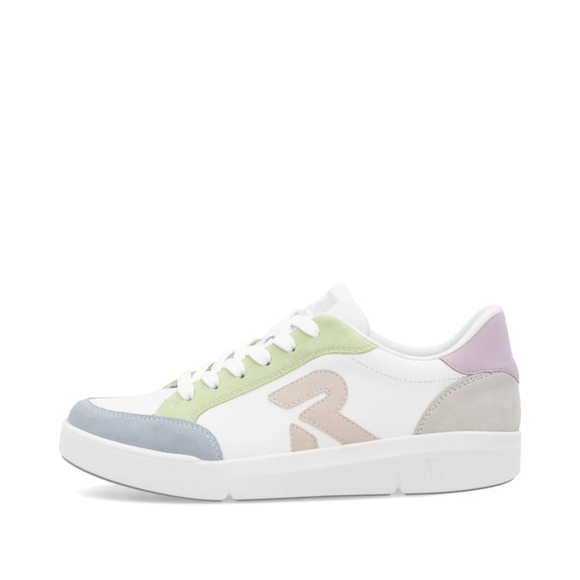 Weiße Rieker Damen Sneaker Low 41909-81 mit Schnürung sowie super leichter Sohle. Schuh Außenseite.