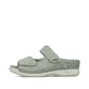 Grüne Rieker Damen Pantoletten V7492-52 mit Klettverschluss sowie Extraweite H. Schuh Außenseite.