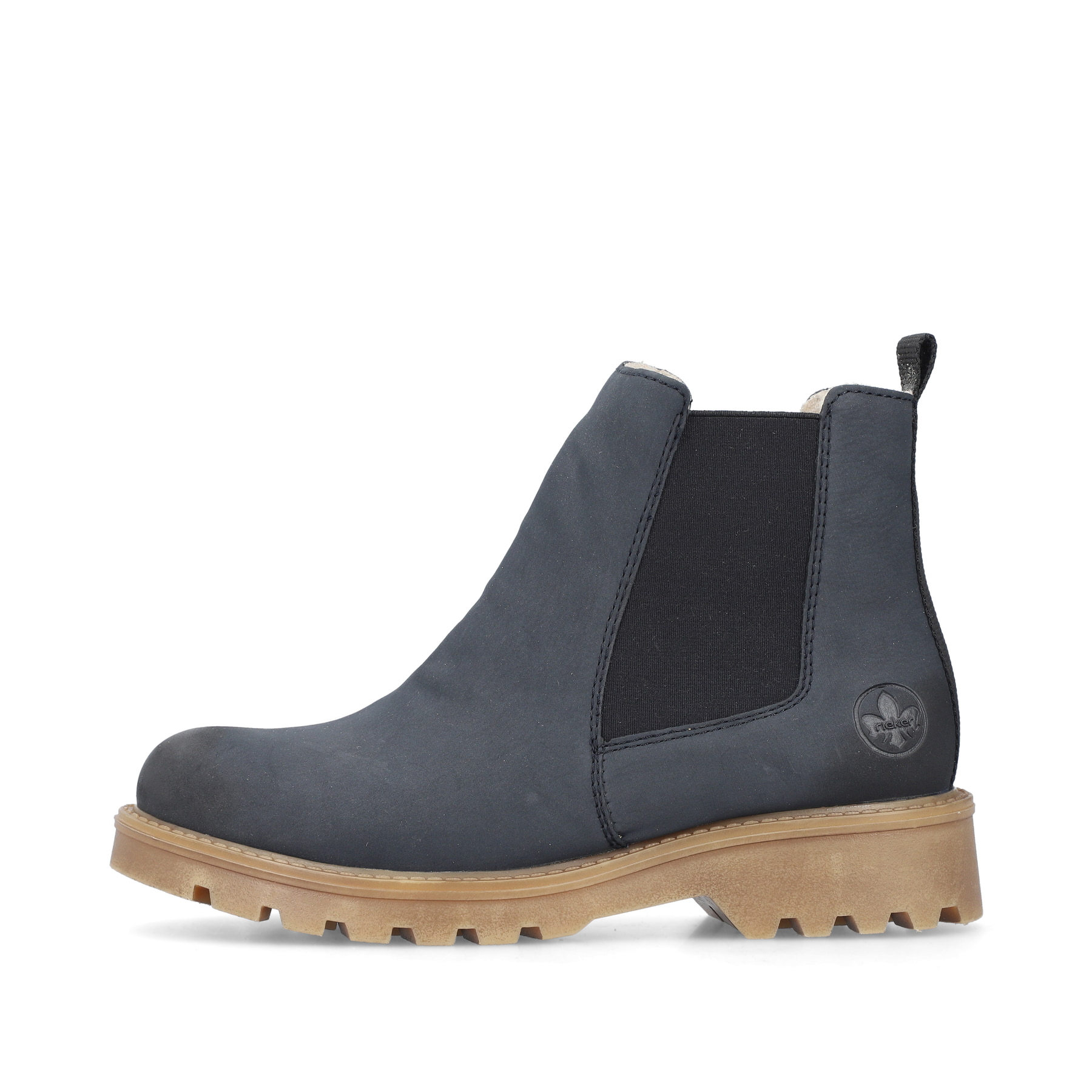 Atlantikblaue Rieker Damen Chelsea Boots 73250-14 mit einem Reißverschluss. Schuh Außenseite.