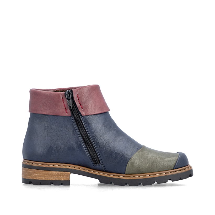 Dunkelblau-weinrote Rieker Damen Kurzstiefel Z9383-90 mit einem Reißverschluss. Schuh Innenseite.