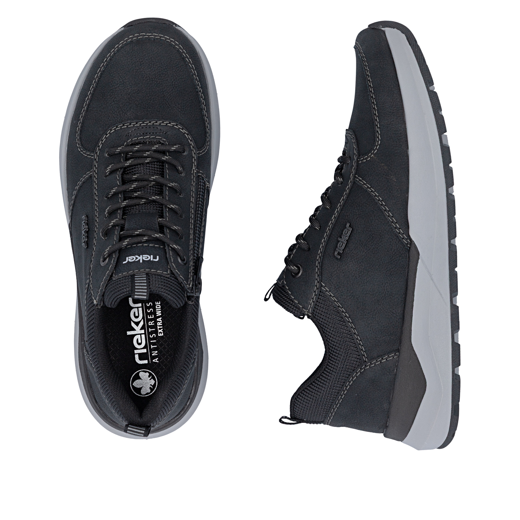Chaussures à lacets Rieker noires hommes 06002-00 avec fermeture éclair. Chaussure vue de dessus, couchée.
