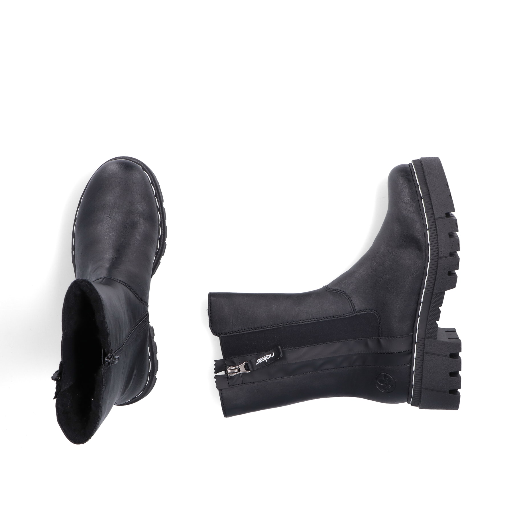 Schwarze Rieker Damen Chelsea Boots 74083-00 mit einem Reißverschluss. Schuh von oben, liegend.