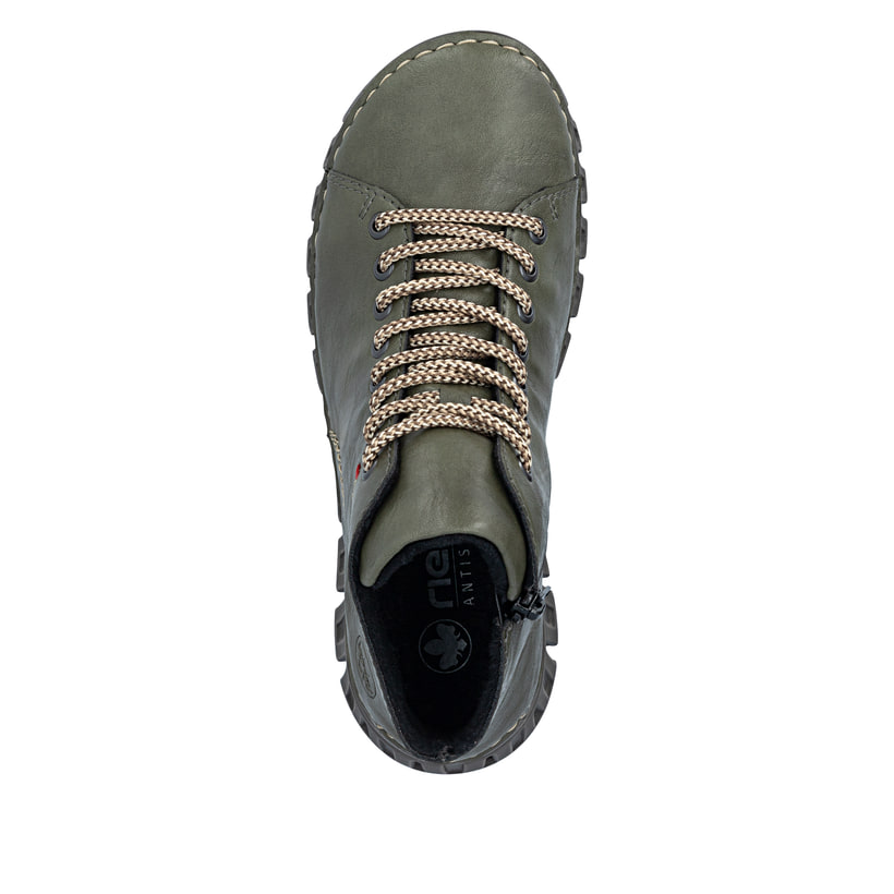 Dunkelgrüne Rieker Damen Schnürstiefel 57501-54 mit modernen Ziernähten. Schuh von oben.