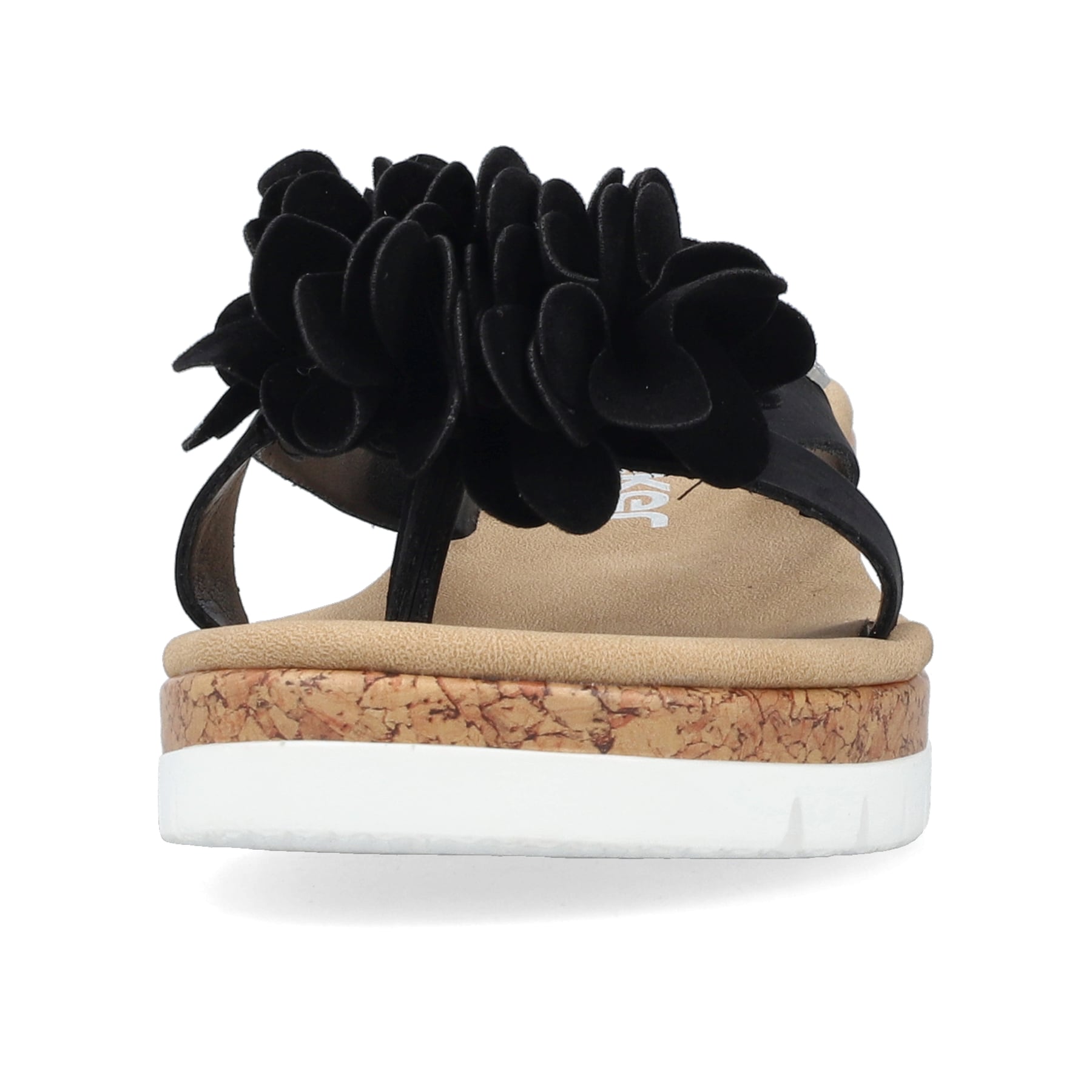 Tiefschwarze Rieker Damen Zehentrenner V4391-00 mit dekorativer Blume. Schuh von vorne.