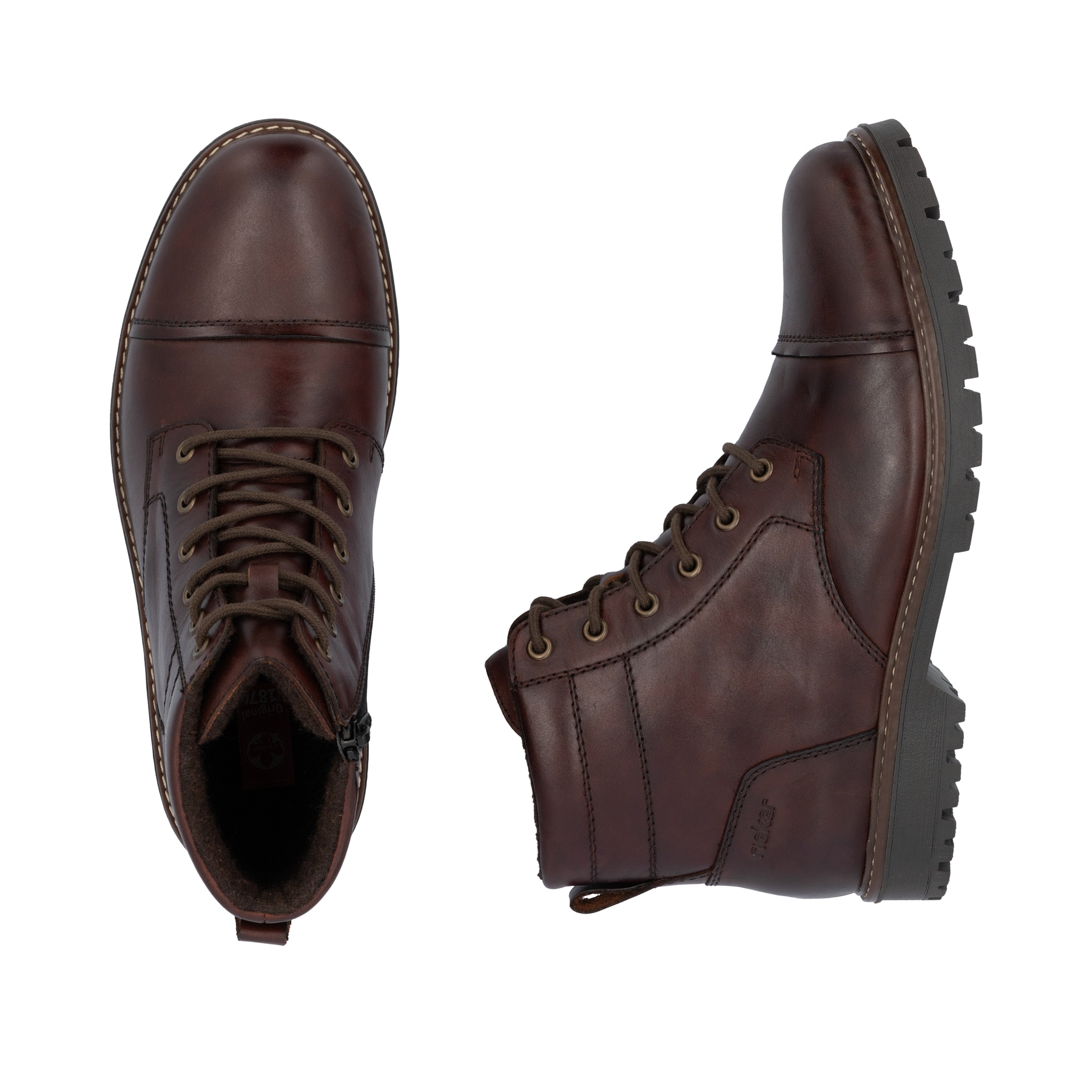 Mokkafarbene Rieker Herren Schnürstiefel F3604-25 mit einem Reißverschluss. Schuh von oben, liegend.