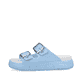 Blaue Rieker Damen Pantoletten P2180-10 mit Schnallen sowie ultraleichter Sohle. Schuh Außenseite.