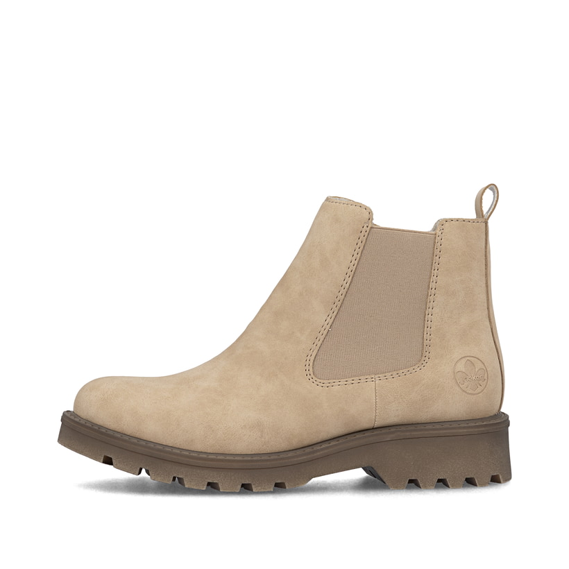 Hellbeige Rieker Damen Chelsea Boots 73250-61 mit einem Reißverschluss. Schuh Außenseite.