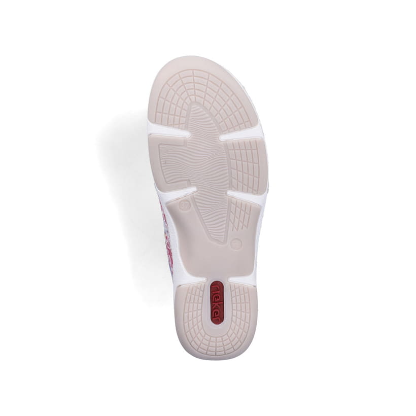 Mehrfarbige Rieker Damen Slipper 55967-90 mit floralem Muster sowie Gummizug. Schuh Laufsohle.