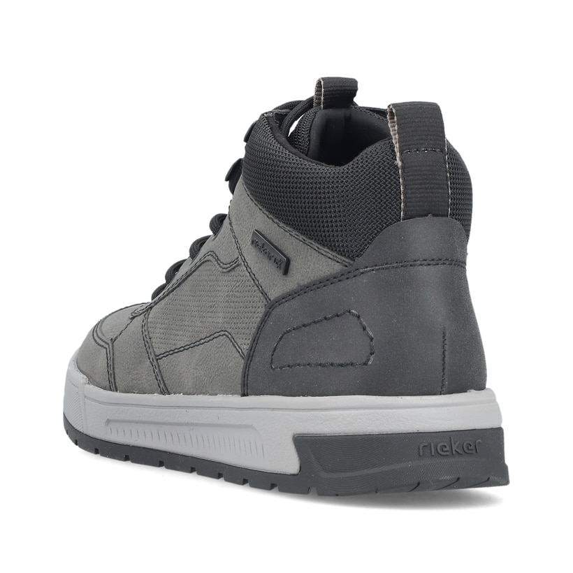 Graue Rieker Herren Schnürstiefel 36020-45 mit wasserabweisender TEX-Membran. Schuh von hinten.