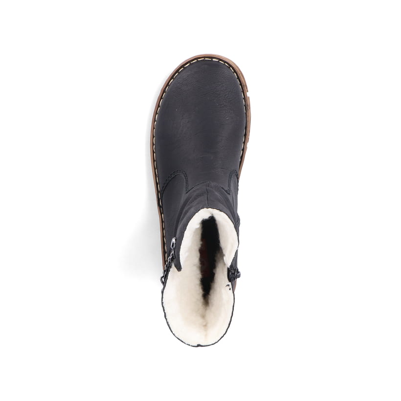 Nachtschwarze Rieker Damen Kurzstiefel Z3771-00 mit einer schockabsorbierenden Sohle. Schuh von oben