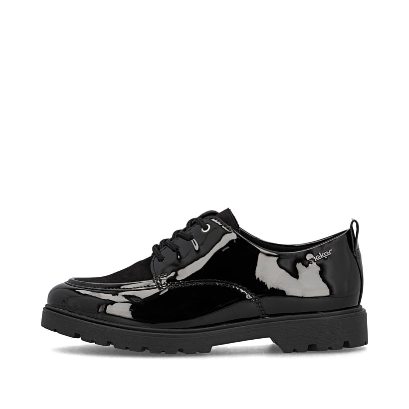 Schwarze Rieker Damen Schnürschuhe 45500-00 mit einer extra weichen Decksohle. Schuh Außenseite.