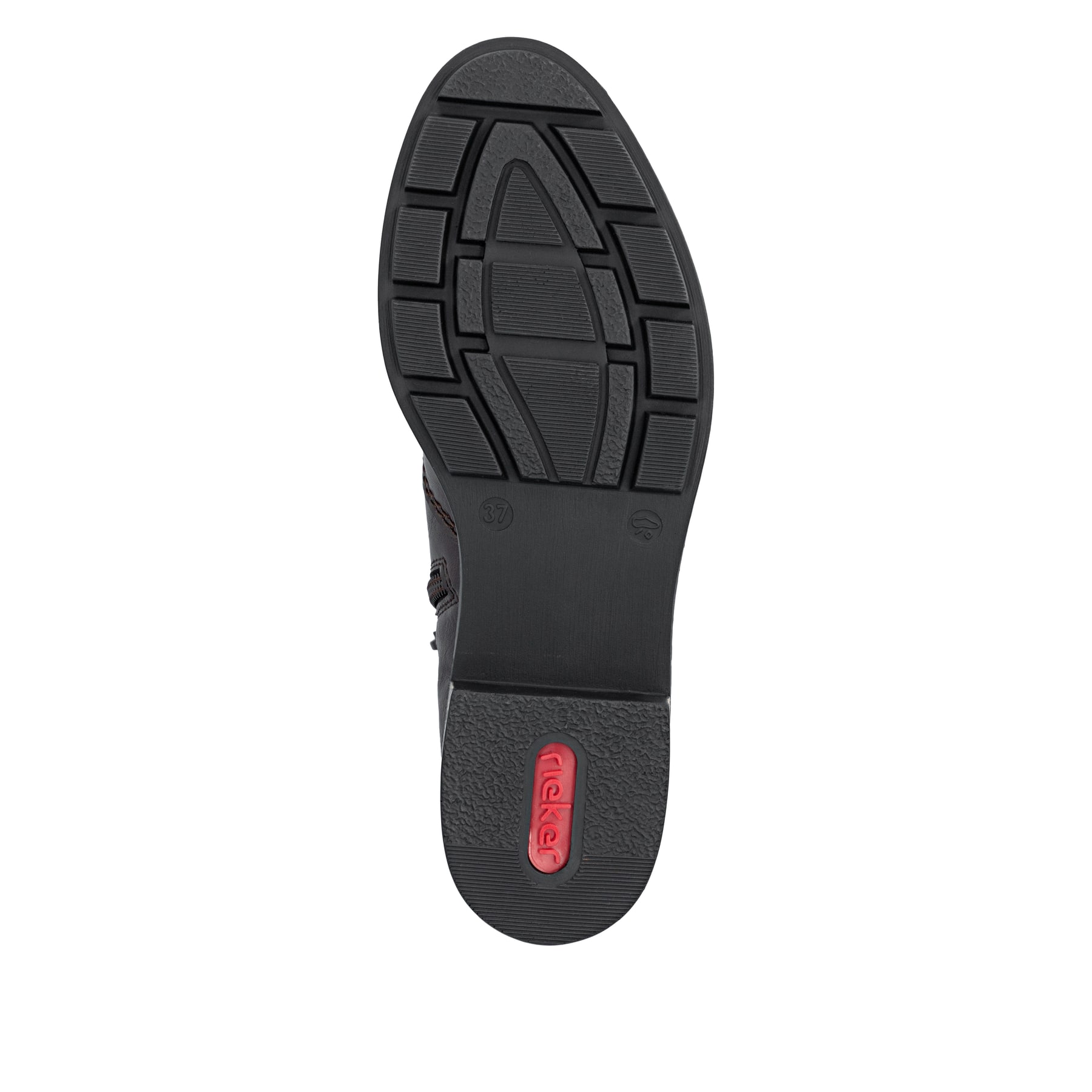 Dunkelbraune Rieker Damen Stiefeletten 77263-25 mit dekorativer Kordel. Schuh Laufsohle.