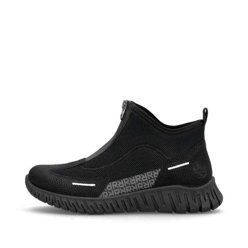 Pazifikblaue Rieker Damen Clogs M5090-14 mit ultra leichter und flexibler Sohle. Schuh Außenseite gespiegelt.