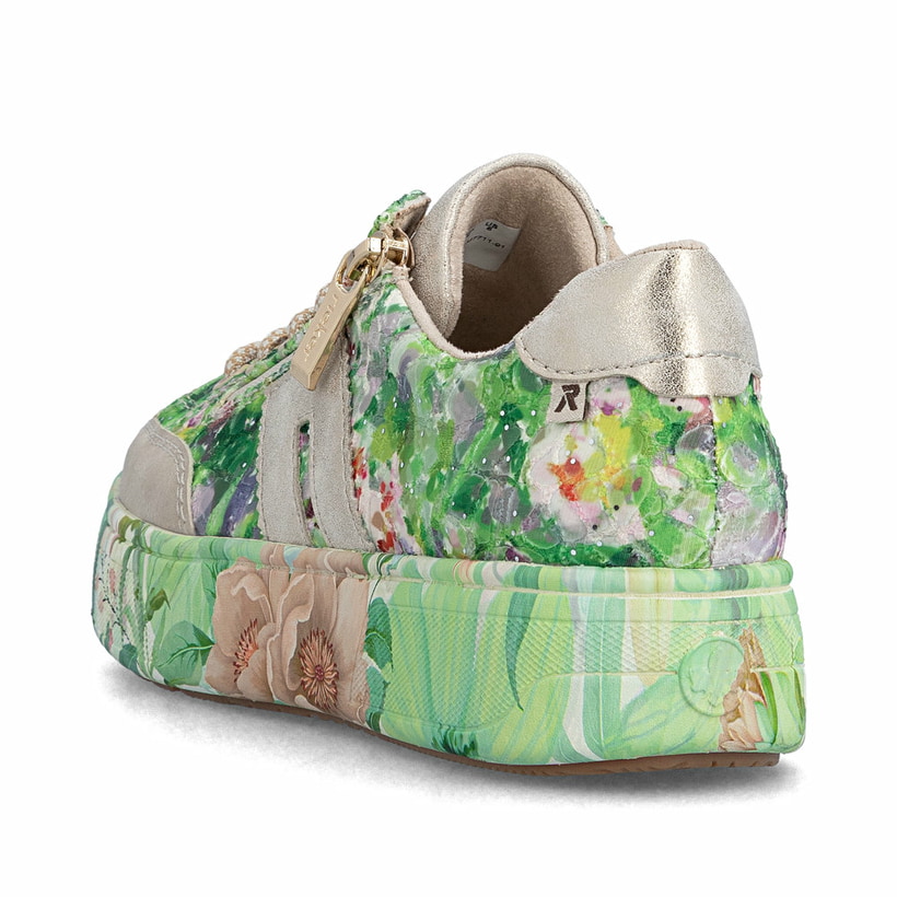 Baskets basses Rieker multicolores pour femme M7711-91 avec motif floral. Chaussure vue de l'arrière.