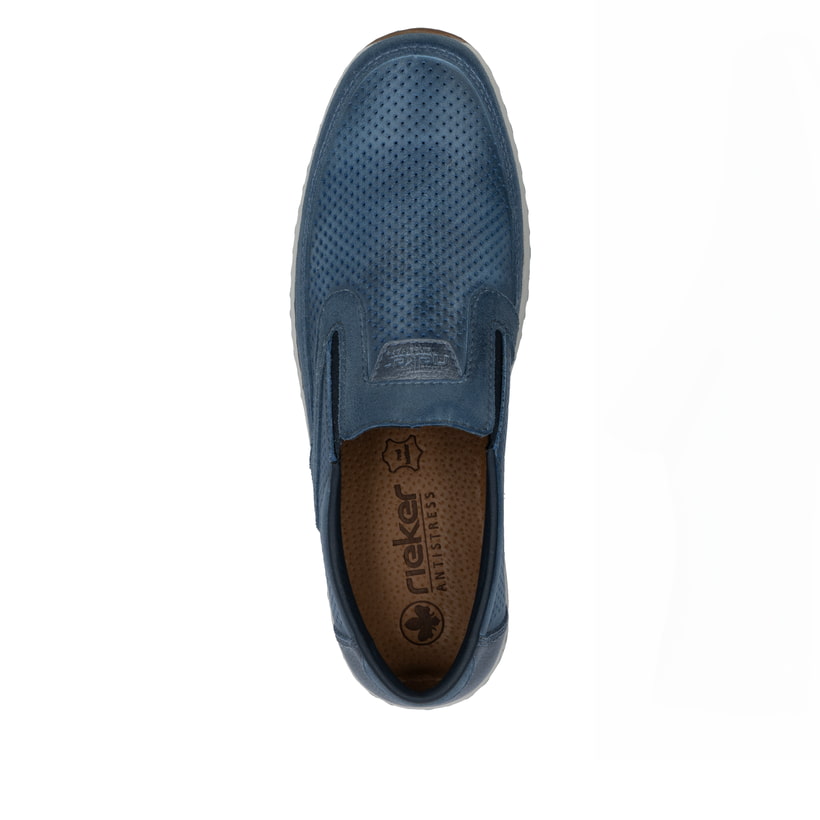 Blaue Rieker Herren Slipper 08858-12 mit einem Gummizug sowie Komfortweite G 1/2. Schuh von oben.