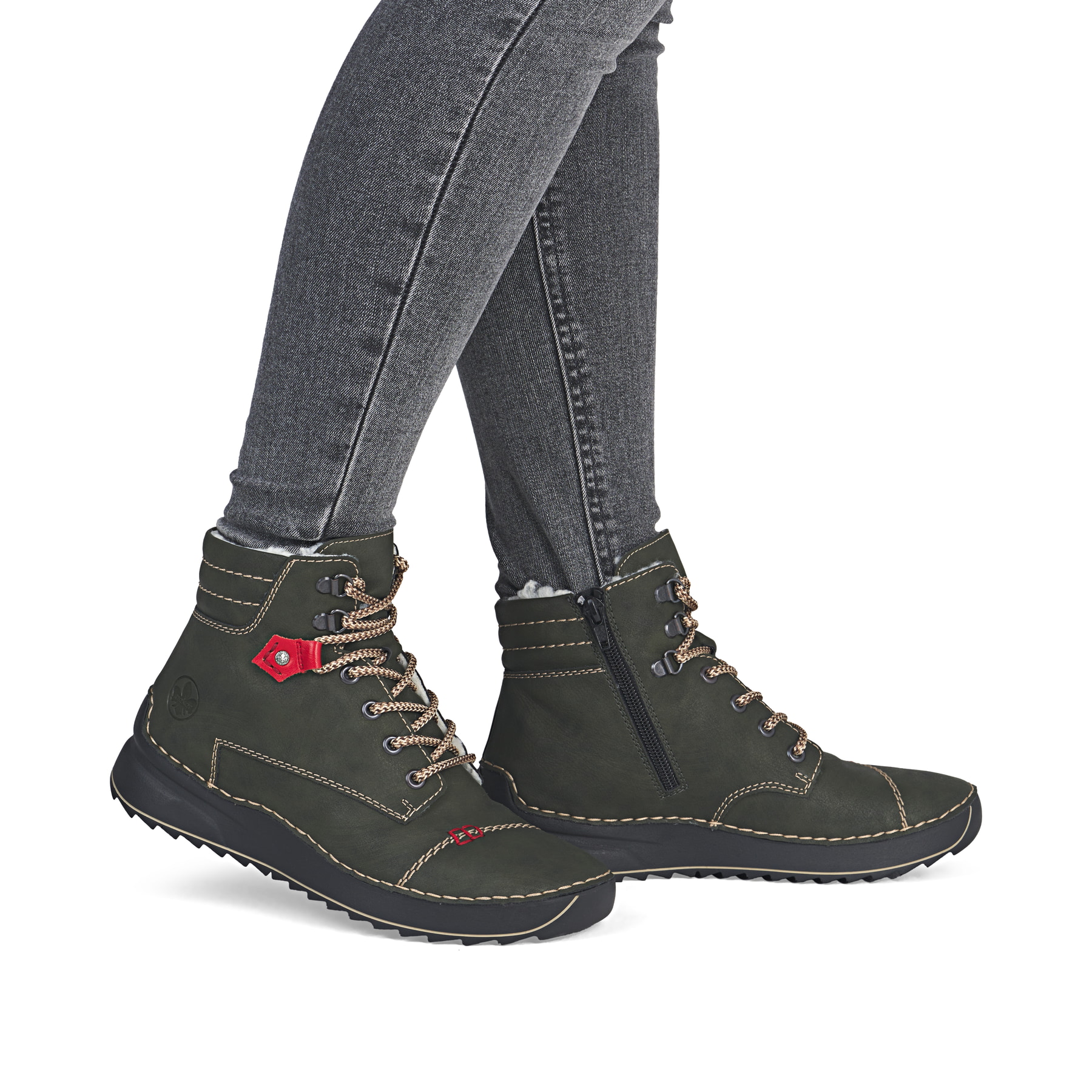 Graugrüne Rieker Damen Schnürstiefel 51545-54 mit Schnürung und Reißverschluss. Schuh Innenseite