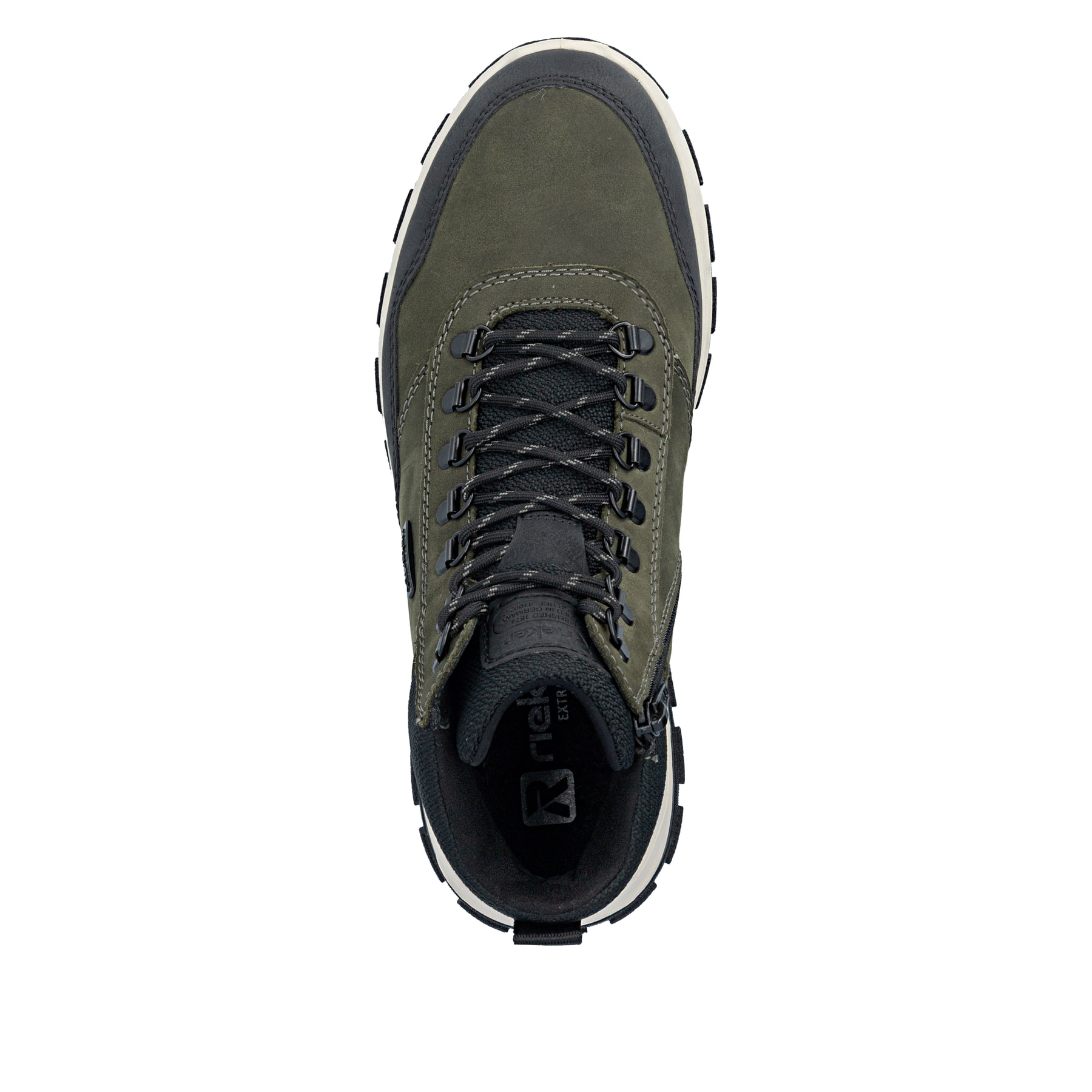 Dunkelgrün-schwarze Rieker Herren Schnürstiefel B8124-54 mit Reißverschluss. Schuh von oben.