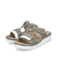 Grüne Rieker Damen Pantoletten V1396-52 mit einem Klettverschluss. Schuhpaar seitlich schräg.