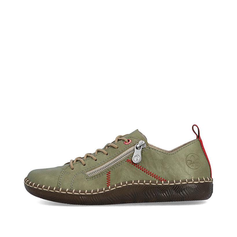 Grüne Rieker Damen Schnürschuhe N2401-54 mit modernen Ziernähten. Schuh Außenseite.