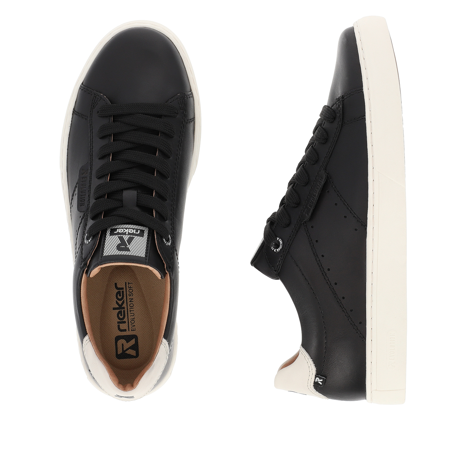 Schwarze Rieker Herren Sneaker Low U0704-00 mit TR-Sohle mit leichtem EVA-Inlet. Schuh von oben, liegend.