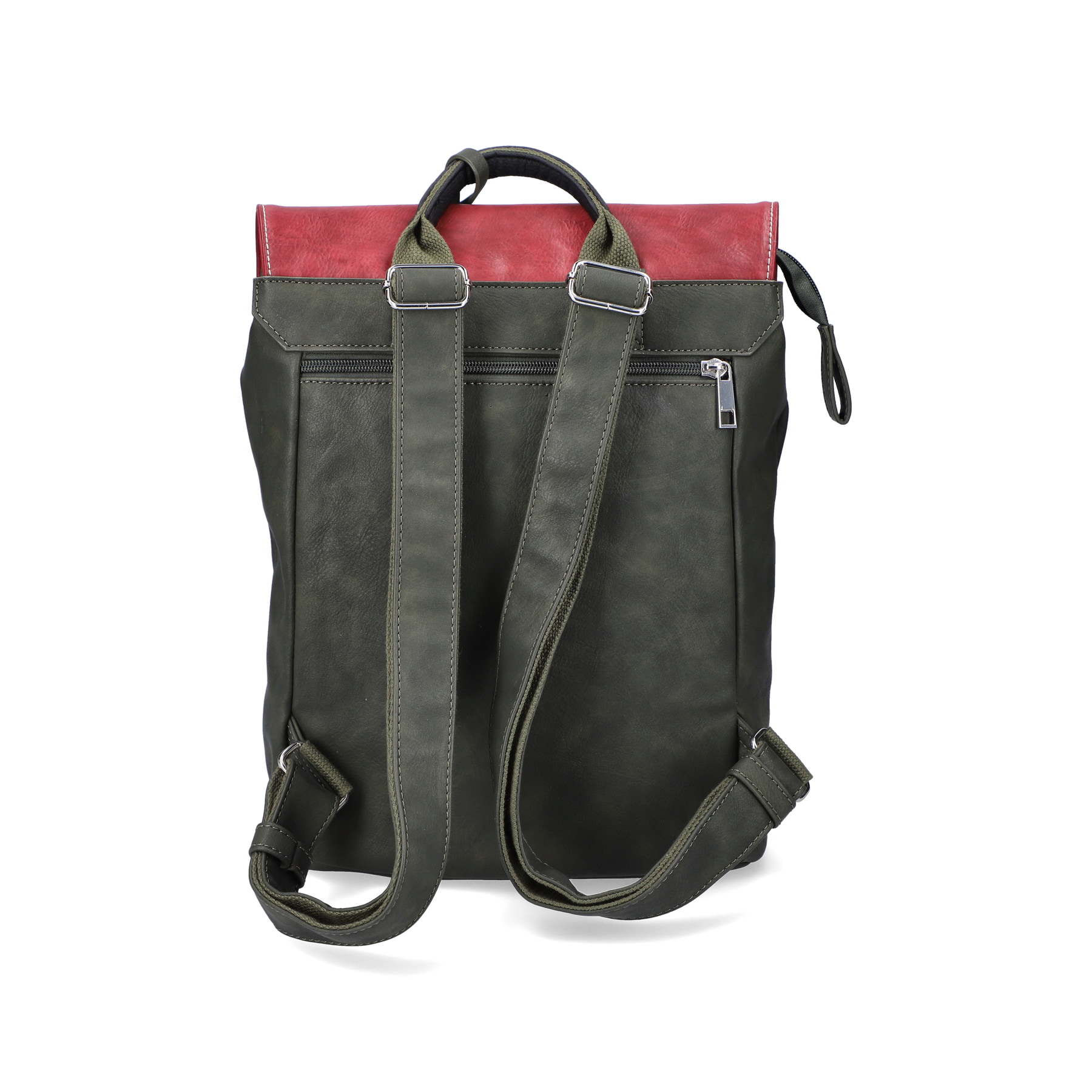 Rieker Damen Rucksack H1357-54 in Khaki-Kirschrot aus Kunstleder mit Reißverschluss. Rucksack Rückseite.