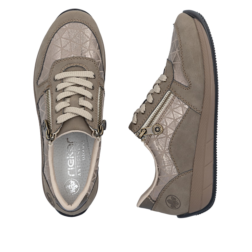 Baskets basses Rieker beiges pour femme N1100-62 avec fermeture éclair. Chaussure vue de dessus, couchée.