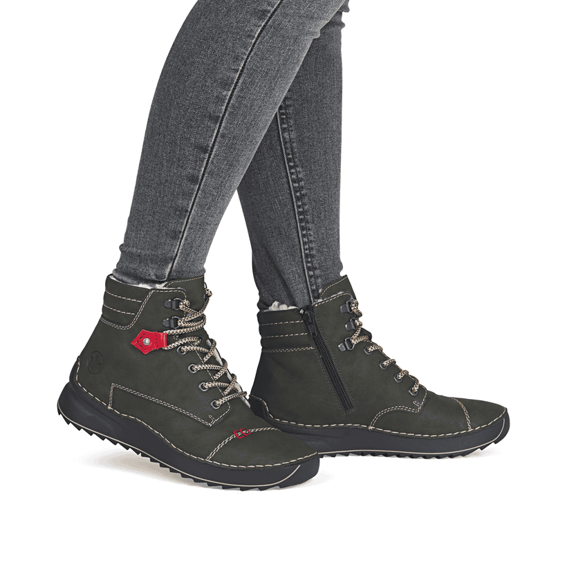 Graugrüne Rieker Damen Schnürstiefel 51545-54 mit Schnürung und Reißverschluss. Schuh Innenseite