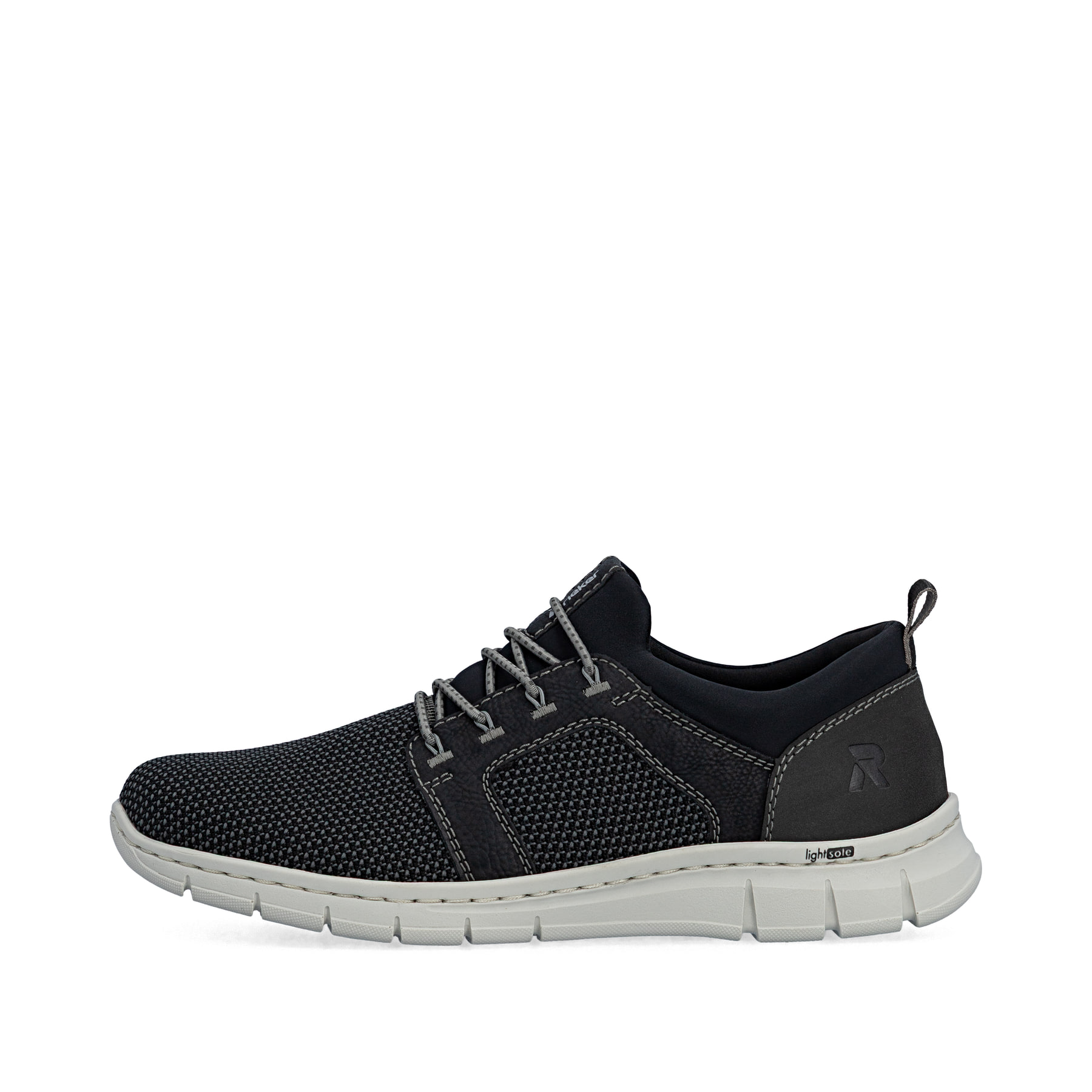 Mocassins Rieker noirs pour homme B7796-02 avec bande élastique. Côté extérieur de la chaussure.
