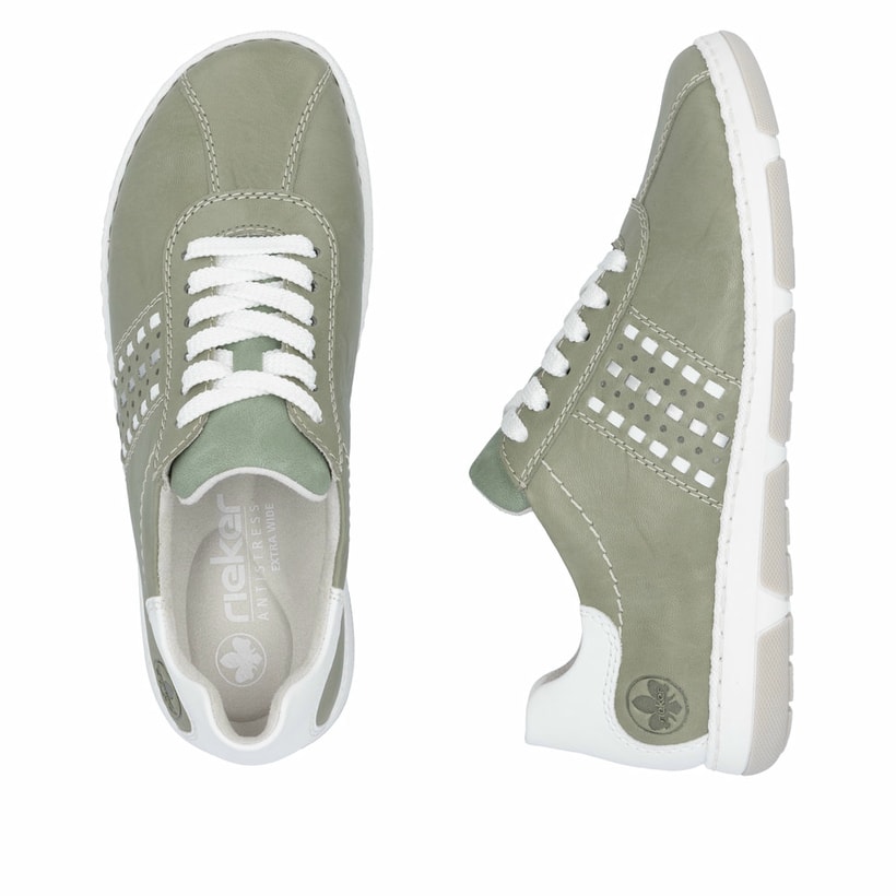 Grüne Rieker Damen Schnürschuhe 42408-52 mit der Extraweite H. Schuh von oben, liegend.