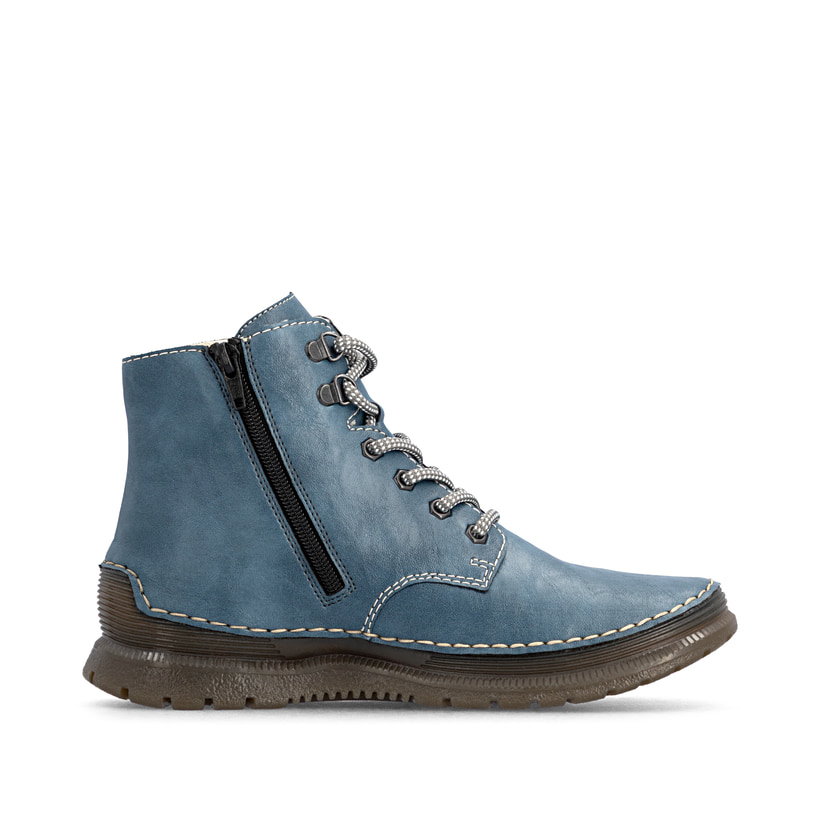 Royalblaue Rieker Damen Schnürstiefel 53632-14 mit auffälligem Logo. Schuh Innenseite.