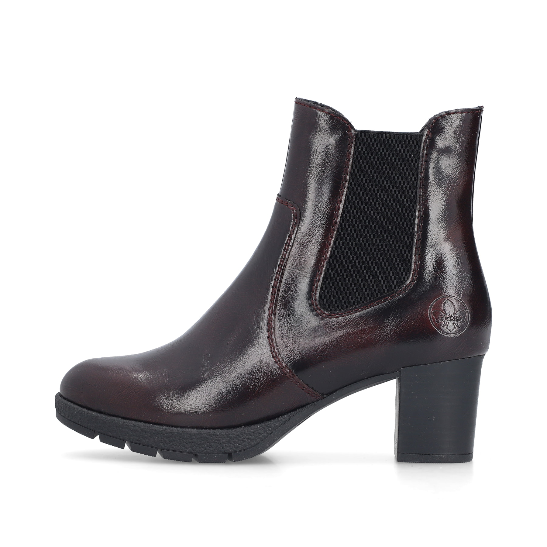 Bottines Rieker rouges pour femme 77674-35 avec fermeture éclair. Côté extérieur de la chaussure.