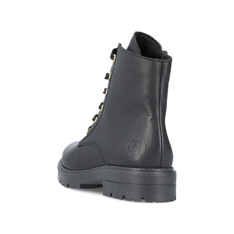
Glanzschwarze Rieker Damen Biker Boots Z2841-00 mit Schnürung und Reißverschluss. Schuh von hinten