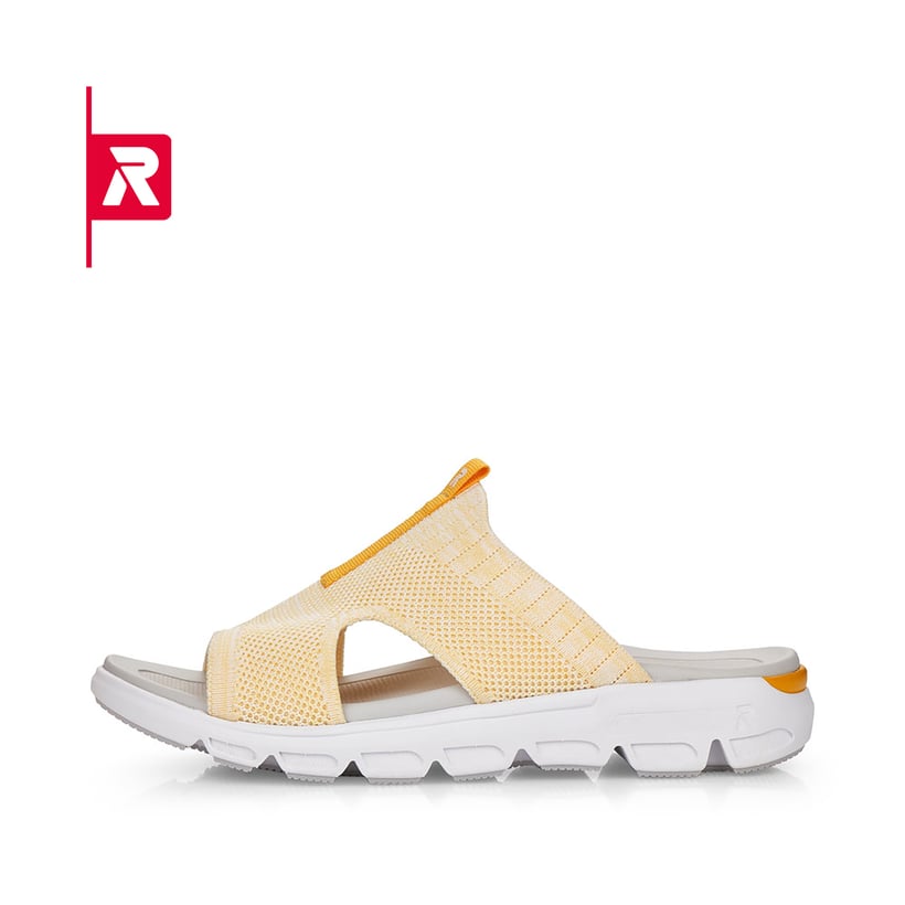 Grüne Rieker Damen Pantoletten V8403-53 mit flexibler und super leichter Sohle. Schuh Außenseite gespiegelt.
