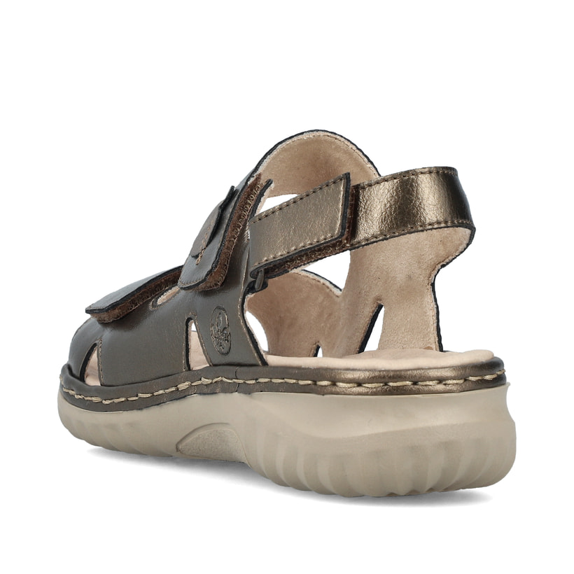 Bronzene Rieker Damen Riemchensandalen 60462-90 mit einem Klettverschluss. Schuh von hinten.
