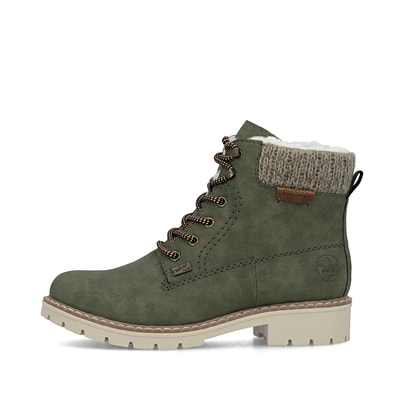 Grüne Rieker Damen Schnürstiefel Y9118-54 mit wasserabweisender TEX-Membran. Schuh Außenseite.