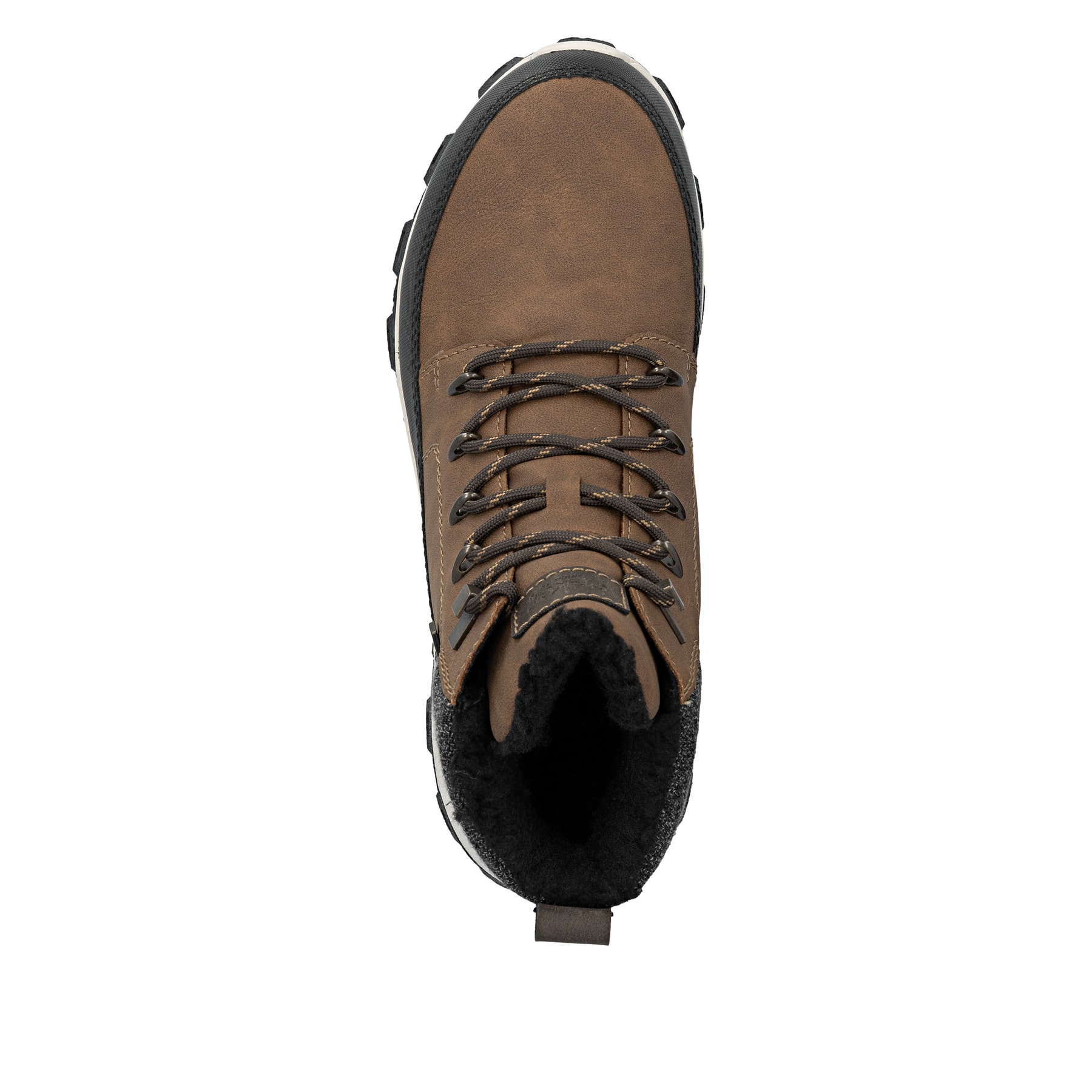Karamellbraune Rieker Herren Schnürstiefel 35540-24 mit einer leichten Profilsohle. Schuh von oben