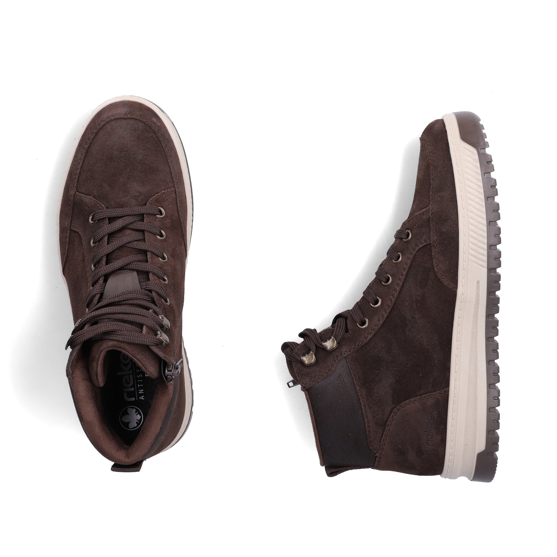 Dunkelbraune Rieker Herren Schnürstiefel 38549-25 aus Rauleder. Schuh von oben, liegend.