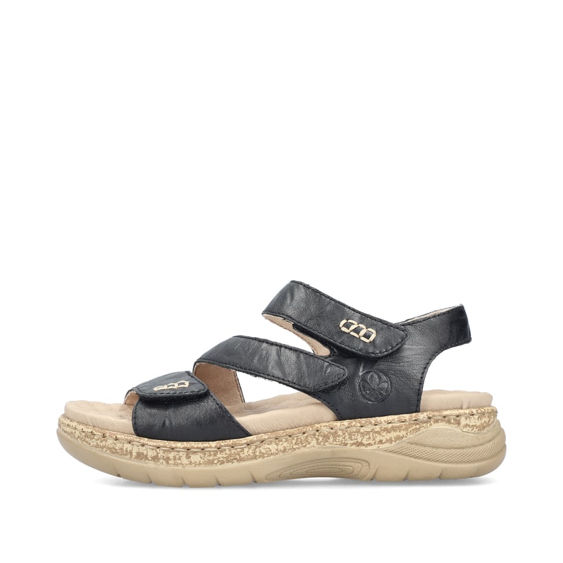 Schwarze Rieker Damen Riemchensandalen V2202-00 mit einem Klettverschluss. Schuh Außenseite.