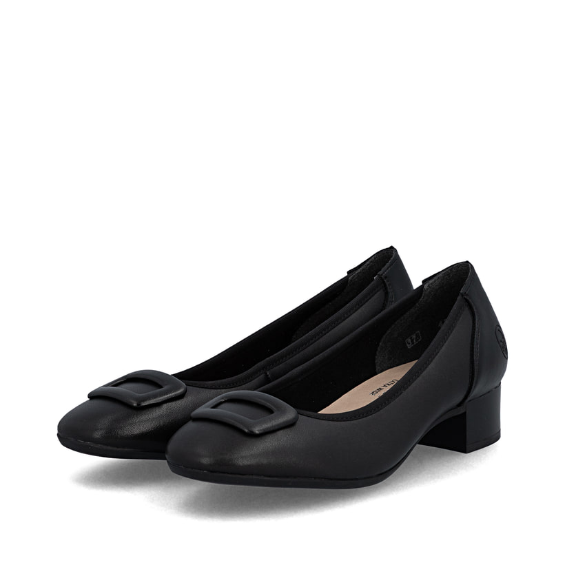 Ballerines Rieker noires pour femme 43453-00 en cuir lisse. Chaussures inclinées sur le côté.